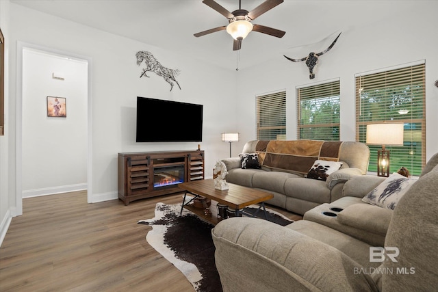 14437 Chenin Blanc Dr, Silverhill, AL 36576 - living area with wood finished floors, a ceiling fan, baseboards, and a glass covered fireplace