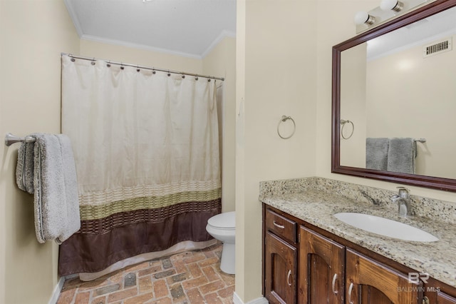 9215 Shiloh Dr, Mobile, AL 36695 - full bathroom with brick floors, crown molding, vanity, and curtained shower