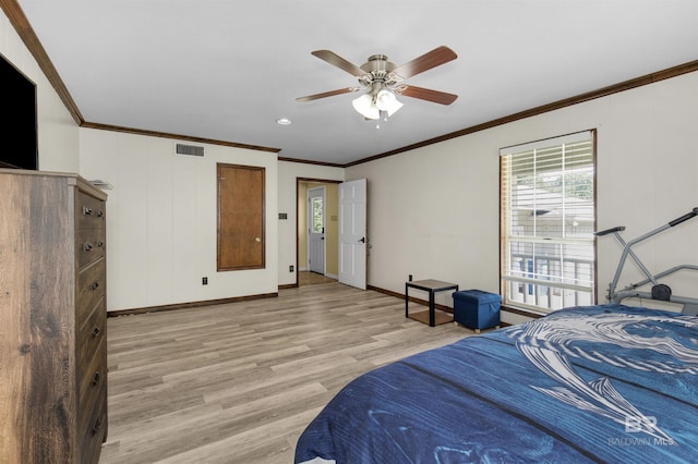 9215 Shiloh Dr, Mobile, AL 36695 - bedroom with multiple windows, light wood-style floors, crown molding, and ceiling fan