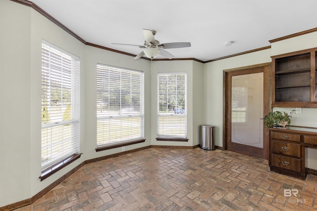 9215 Shiloh Dr, Mobile, AL 36695 - unfurnished dining area with a ceiling fan, brick flooring, and crown molding