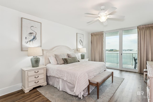 bedroom with floor to ceiling windows, a ceiling fan, wood finished floors, access to outside, and baseboards