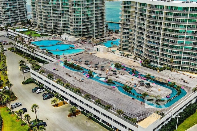 bird's eye view with a view of city and a water view