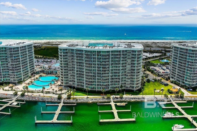 drone / aerial view featuring a water view