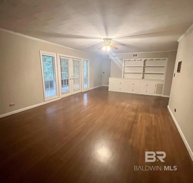 interior space featuring dark wood-type flooring, built in features, and ceiling fan