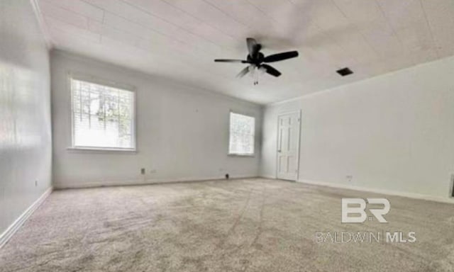 empty room featuring ceiling fan, plenty of natural light, and carpet floors