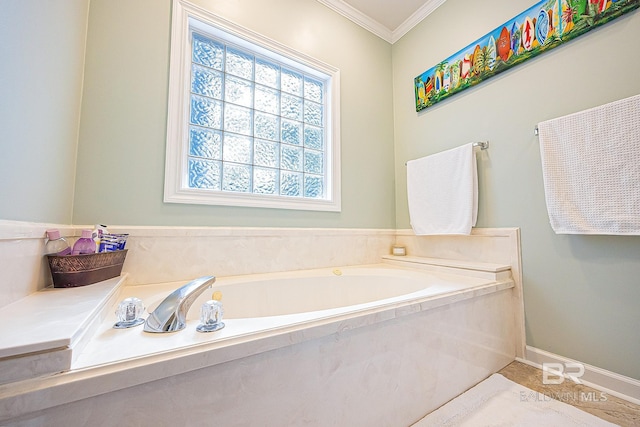 bathroom with a washtub and crown molding