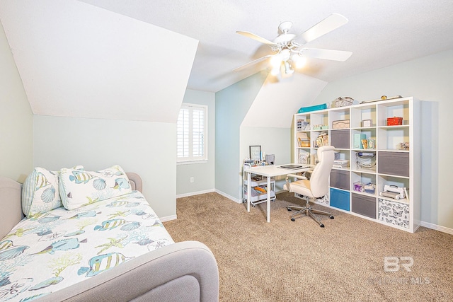 bedroom with lofted ceiling, ceiling fan, and light colored carpet