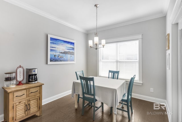 dining space featuring an inviting chandelier, crown molding, and dark wood-type flooring