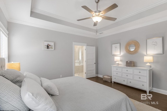 bedroom featuring a raised ceiling, crown molding, ceiling fan, and dark hardwood / wood-style flooring