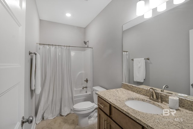 full bathroom featuring shower / bath combination with curtain, vanity, toilet, and tile patterned flooring