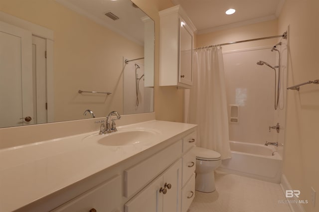 bathroom featuring shower / bath combo, visible vents, toilet, ornamental molding, and vanity