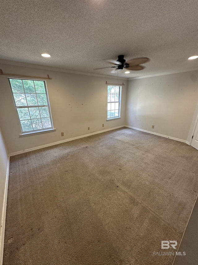 carpeted spare room featuring crown molding, ceiling fan, and a textured ceiling