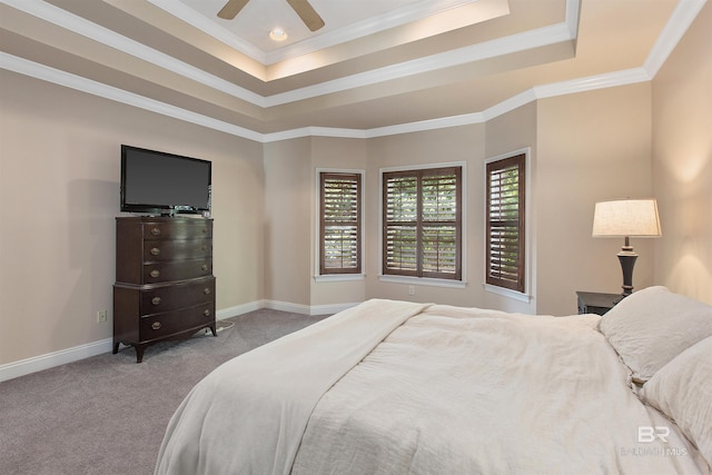 carpeted bedroom featuring ceiling fan, ornamental molding, and a raised ceiling