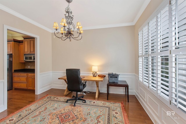 office area featuring dark hardwood / wood-style flooring, a notable chandelier, and ornamental molding