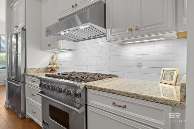 kitchen featuring light stone countertops, wood finished floors, appliances with stainless steel finishes, under cabinet range hood, and decorative backsplash