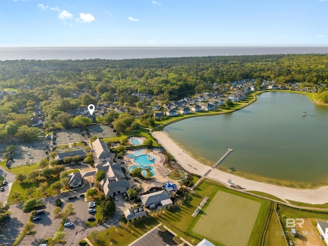 bird's eye view with a water view and a view of trees