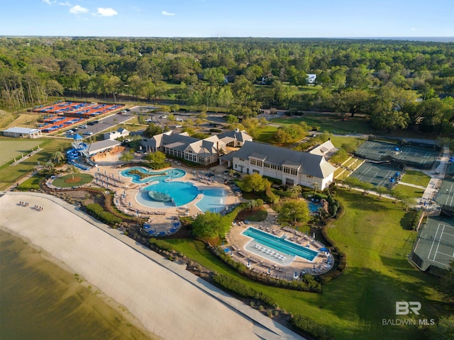 bird's eye view featuring a view of trees