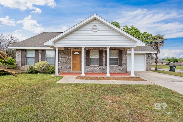 ranch-style house with covered porch, a garage, brick siding, a front lawn, and concrete driveway