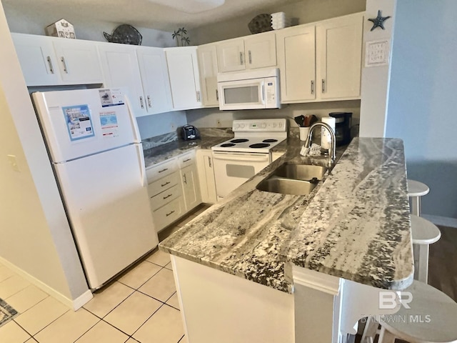 kitchen with white appliances, white cabinets, a sink, and a peninsula