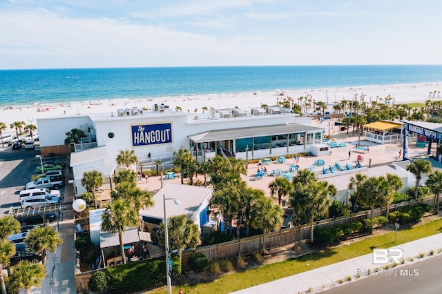 aerial view featuring a water view and a beach view