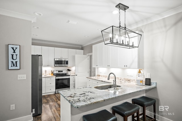 kitchen featuring crown molding, a sink, a kitchen breakfast bar, appliances with stainless steel finishes, and a peninsula