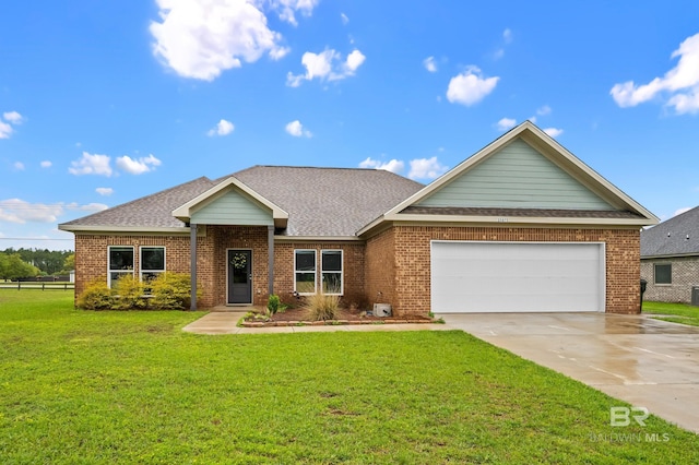 ranch-style house with brick siding, driveway, and a shingled roof