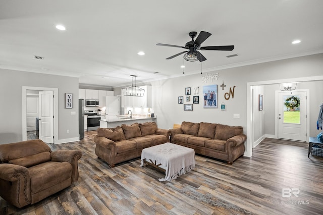 living area with ceiling fan with notable chandelier, visible vents, crown molding, and dark wood-style floors