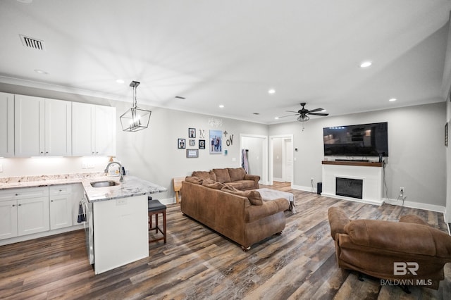 living room featuring ornamental molding, dark wood-style floors, baseboards, and visible vents