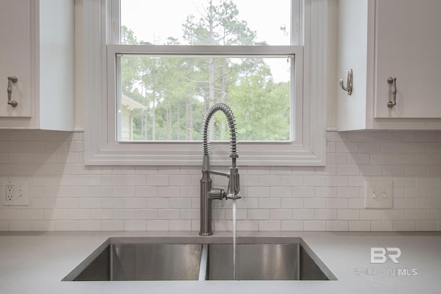 details with sink, decorative backsplash, and white cabinets