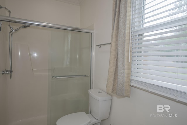 bathroom featuring an enclosed shower and toilet