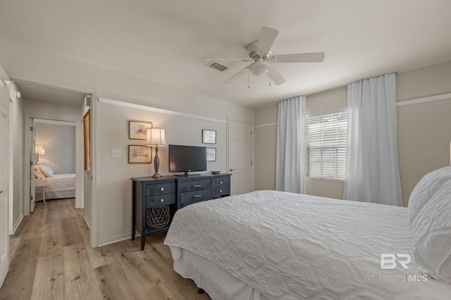 211 Fels Ave, Fairhope, AL 36532 - bedroom featuring a ceiling fan, baseboards, visible vents, and light wood-style floors