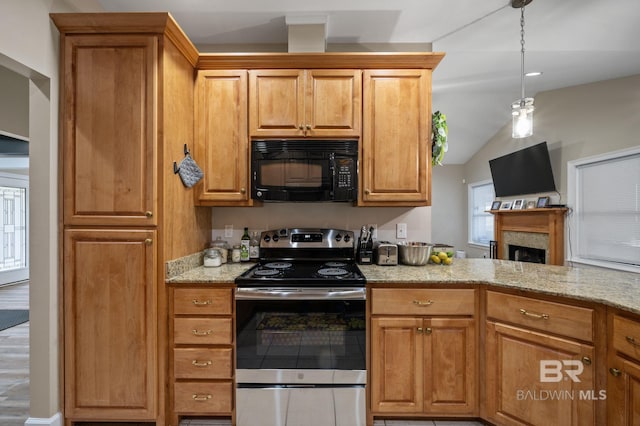 16520 Gaineswood Dr, Fairhope, AL 36532 - kitchen with electric range, black microwave, light stone counters, vaulted ceiling, and a fireplace