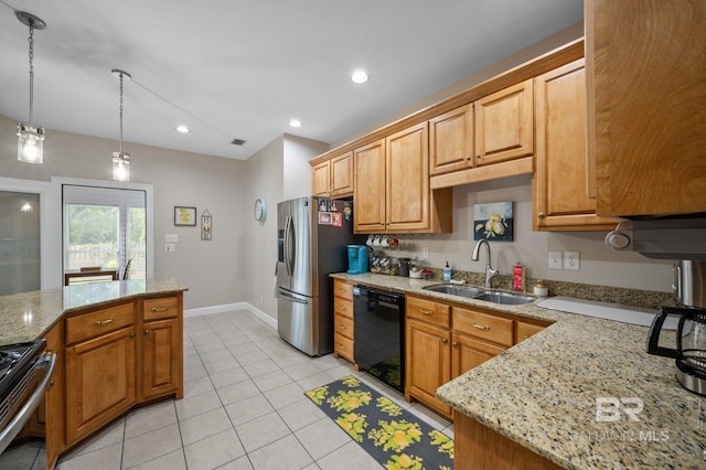 16520 Gaineswood Dr, Fairhope, AL 36532 - kitchen with stainless steel appliances, a sink, light stone counters, decorative light fixtures, and recessed lighting