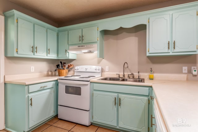 kitchen featuring white electric stove, sink, and light tile patterned floors