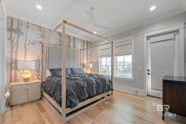 bedroom with baseboards, a ceiling fan, crown molding, light wood-type flooring, and recessed lighting