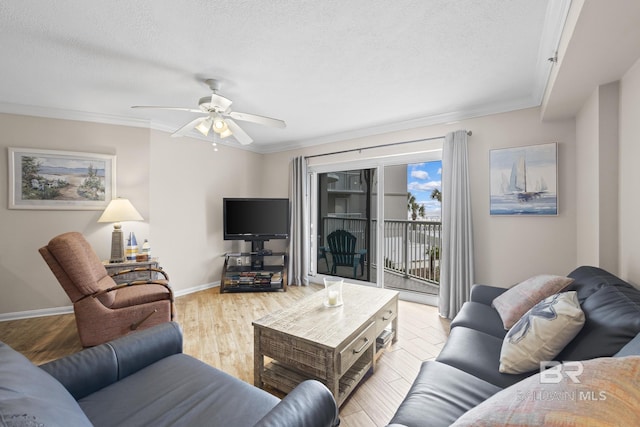 living area featuring a textured ceiling, ornamental molding, and wood finished floors
