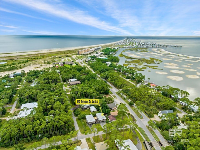 bird's eye view featuring a beach view and a water view