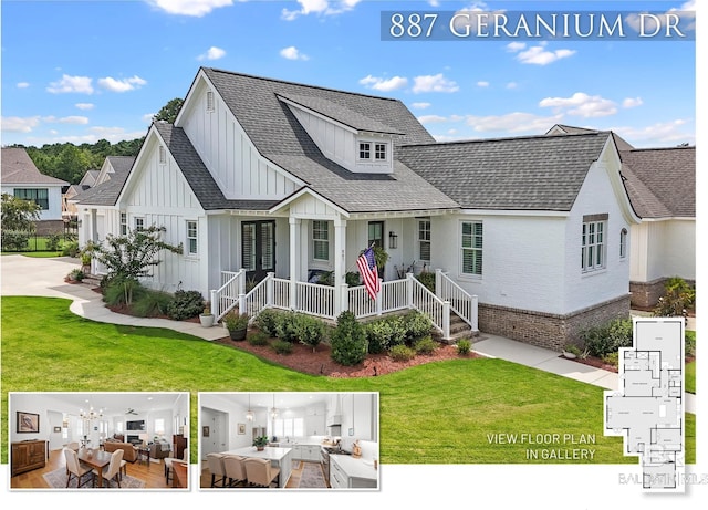 887 Geranium Dr, Fairhope, AL 36532 - view of front of property featuring board and batten siding, an outdoor living space, covered porch, brick siding, and a front lawn