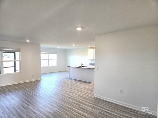 unfurnished living room with sink, hardwood / wood-style floors, and a textured ceiling