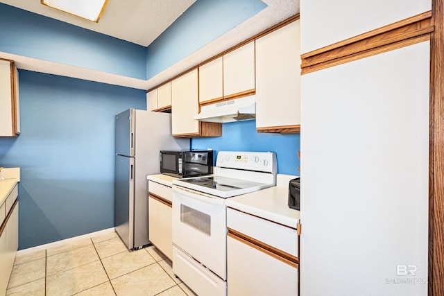 kitchen with white range with electric stovetop, light countertops, white cabinetry, black microwave, and under cabinet range hood