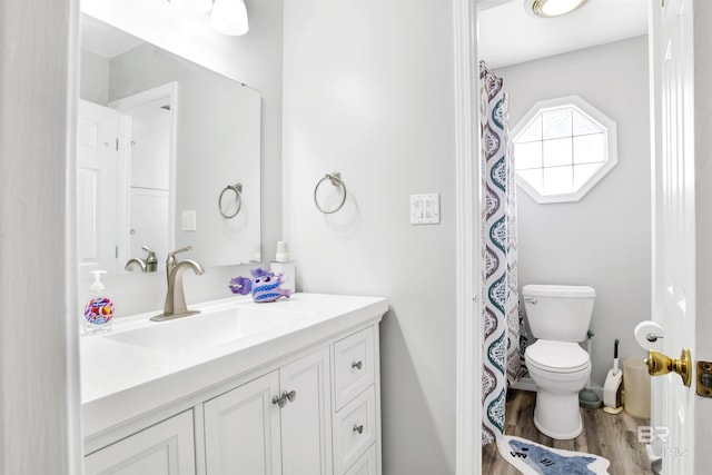 bathroom with toilet, vanity, and wood finished floors