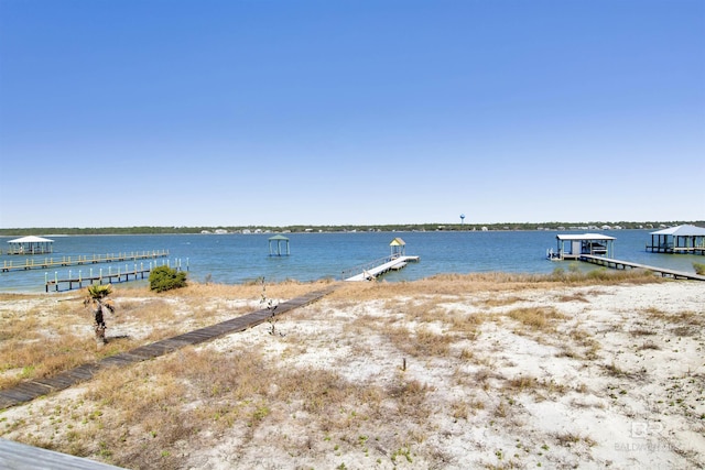 view of dock with a water view