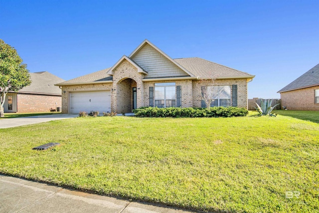 view of front of property featuring brick siding, fence, concrete driveway, a front yard, and an attached garage