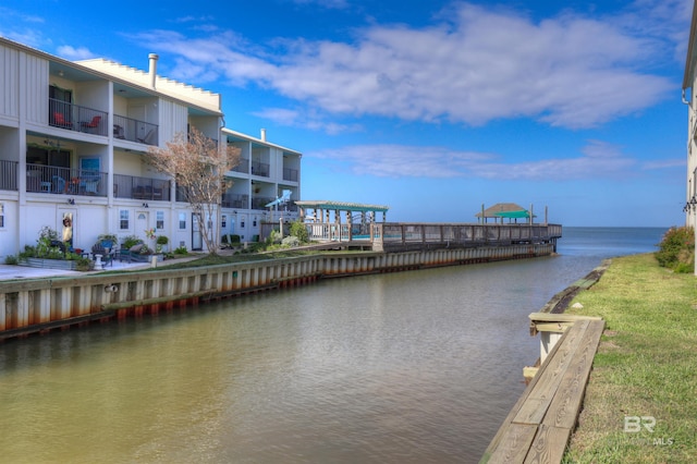 exterior space with a water view