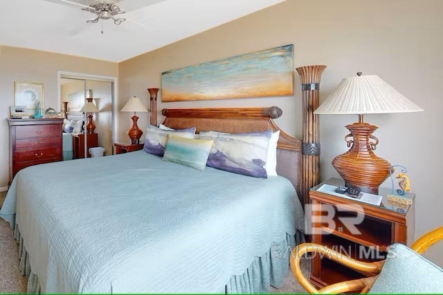 bedroom featuring carpet, a closet, and ceiling fan