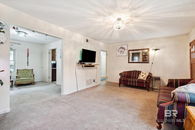 interior space featuring a textured ceiling and light colored carpet