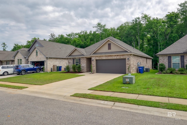 view of front of property with board and batten siding, a front yard, a garage, brick siding, and concrete driveway