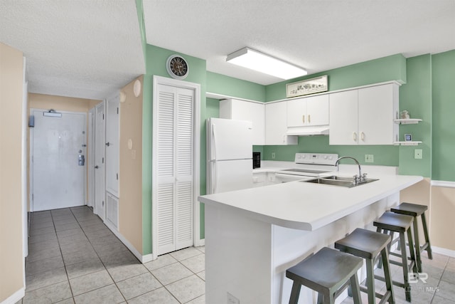 kitchen with freestanding refrigerator, a sink, a peninsula, range with electric cooktop, and under cabinet range hood