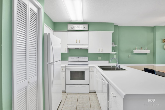 kitchen with light tile patterned floors, open shelves, white cabinetry, a sink, and white appliances