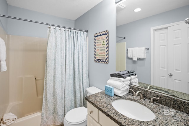 full bathroom with vanity, toilet, and shower / bathtub combination with curtain